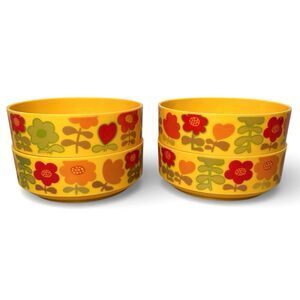 VTG Set of 4 Alladinware 70s Salad Bowls Retro Daisy Flower Power Kitchen Yellow